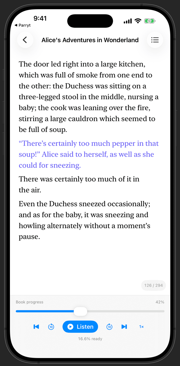 FreeReader reading Alice's Adventures in Wonderland aloud, with playback controls at 42% book progress